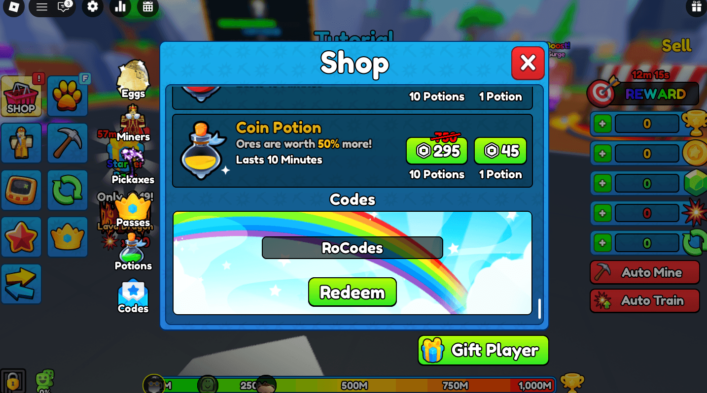 ROblox Pickaxe Simulator codes menu