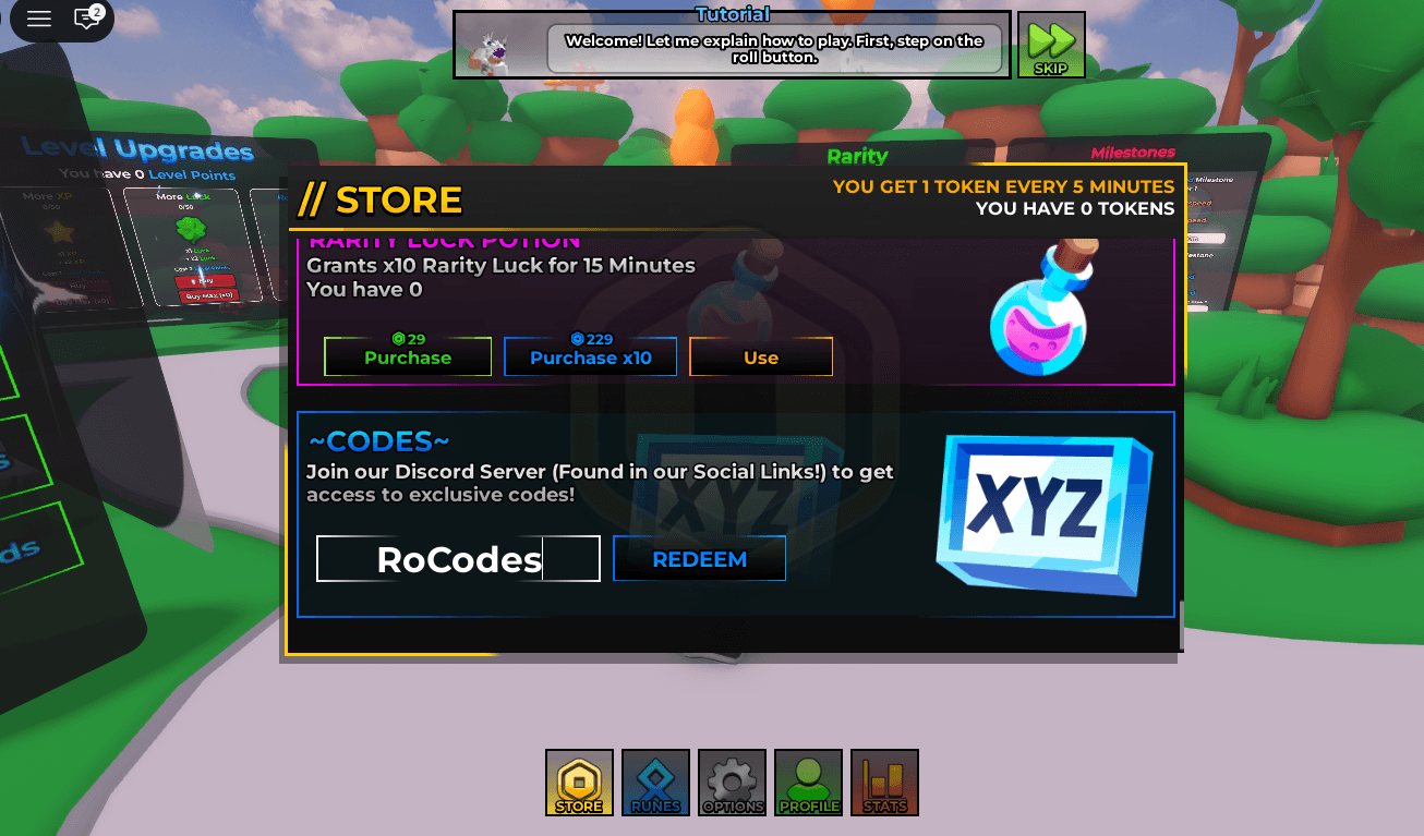 Example of entering codes in Omega Rarities 2 on Roblox