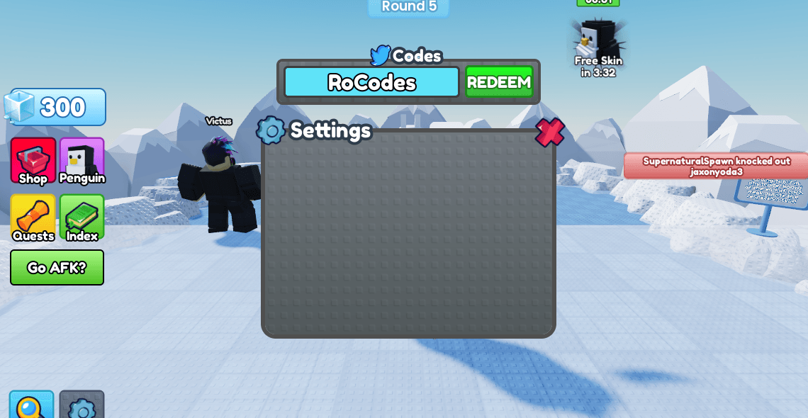 Roblox Knockout Codes screen in settings menu