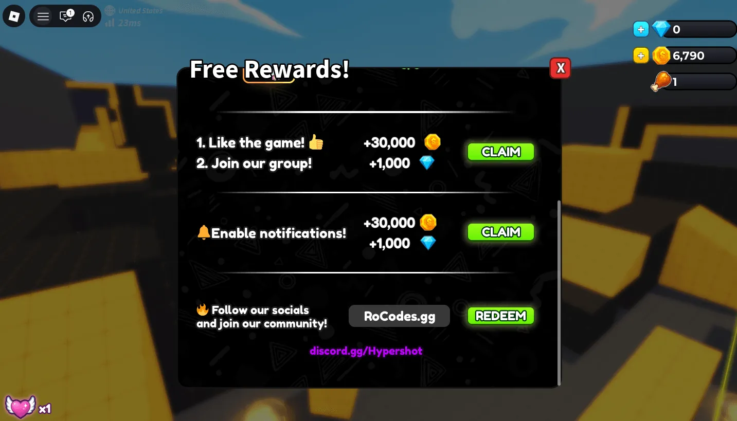 Roblox Hypershot codes screen