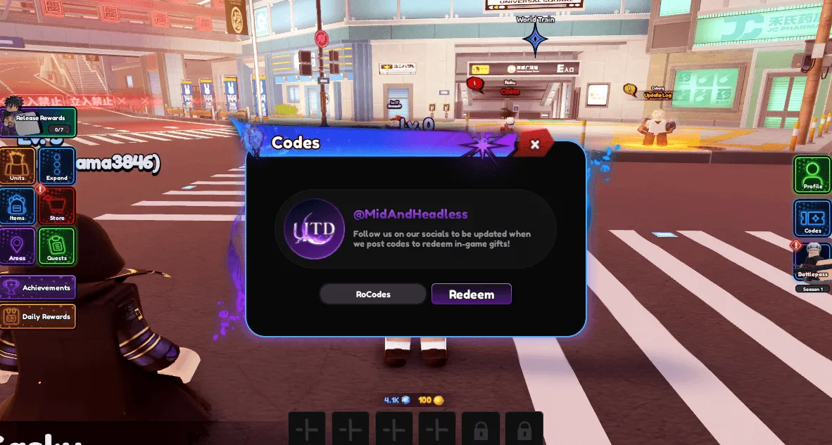Roblox Universal Tower Defense X codes menu inside the game