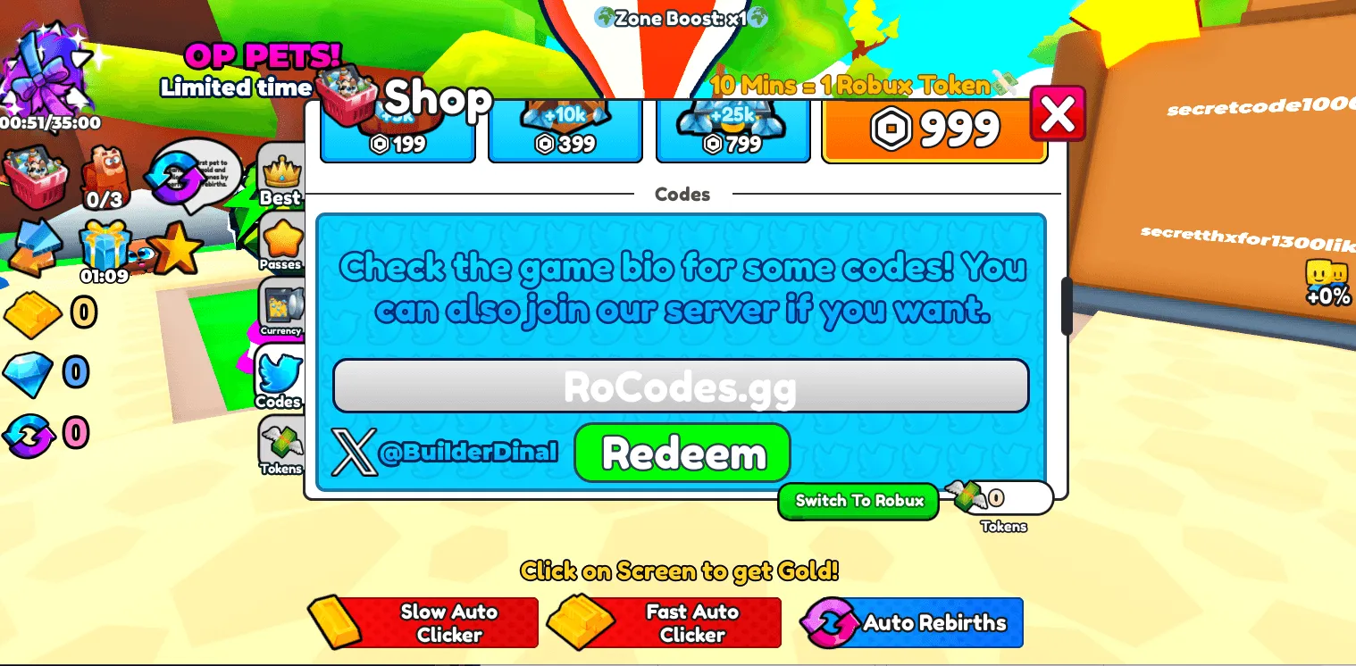 Roblox Every Click +1 Gold Codes Redeem