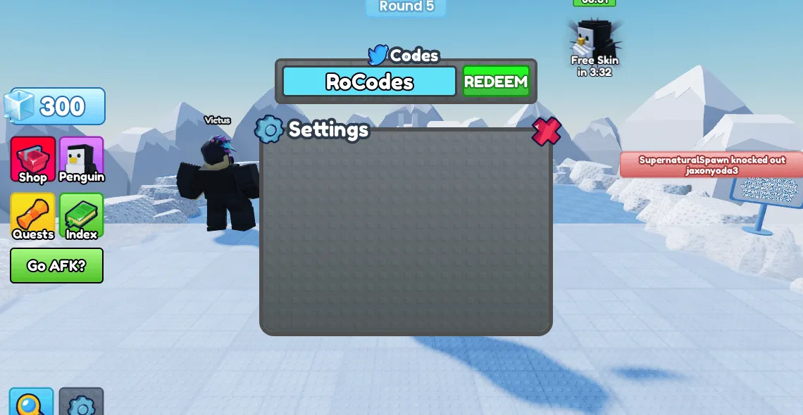 Roblox Knockout Codes screen in settings menu