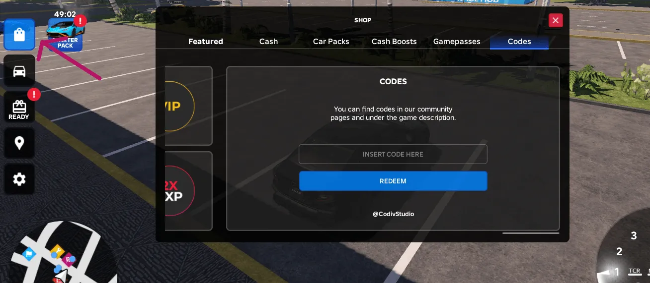 RoCodes Car Zone Codes Menu