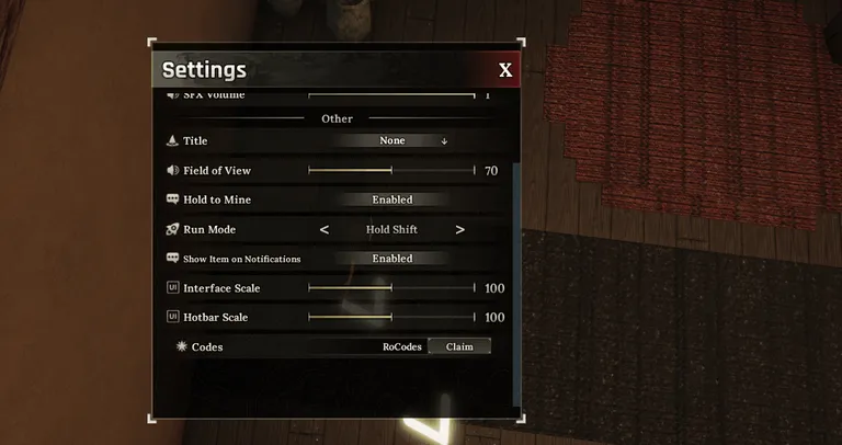 Roblox The Forge Settings Menu for Entering Codes