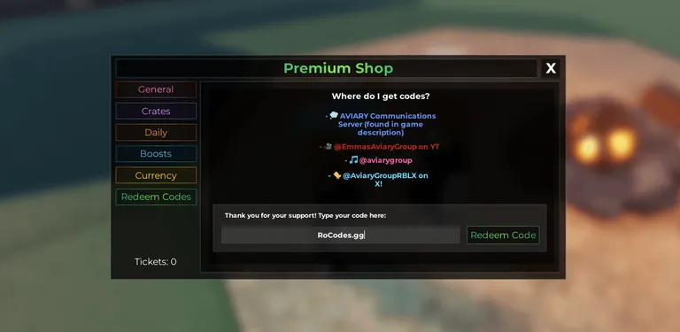 Roblox Aviary codes screen in premium shop