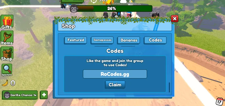 Roblox 100 Players vs 1 Gorilla codes section
