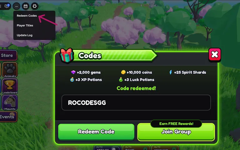 How to redeem codes for Tame an Animal in Roblox