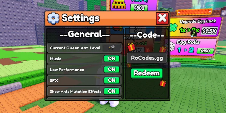 Build an ant empire code box in settings