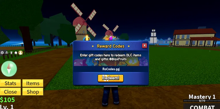 Blox Fruits Reward Codes screen in-game