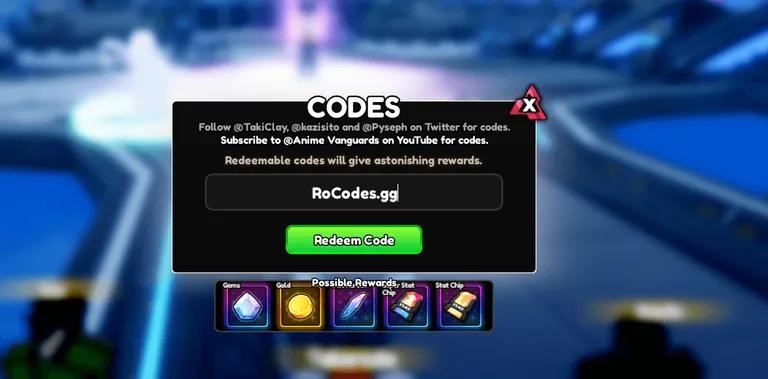 Roblox Anime Vanguards code entry screen