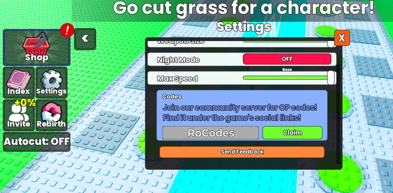 Roblox Cut Grass for Anime Characters Codes Redeem Screen