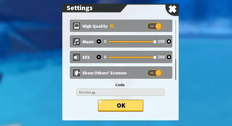 Roblox Evomon Codes menu