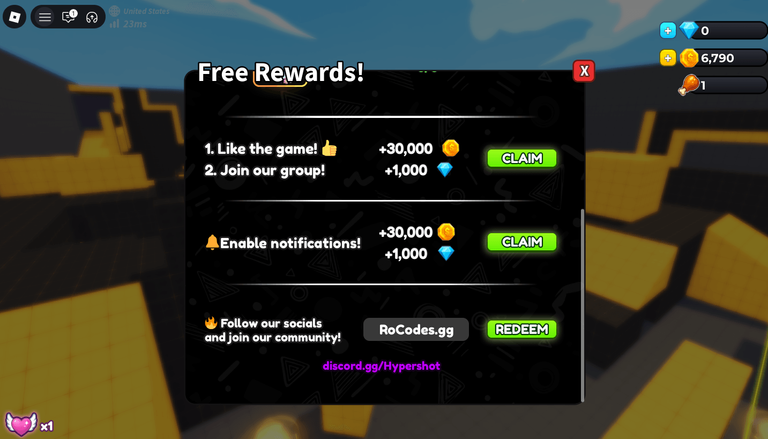 Roblox Hypershot codes screen