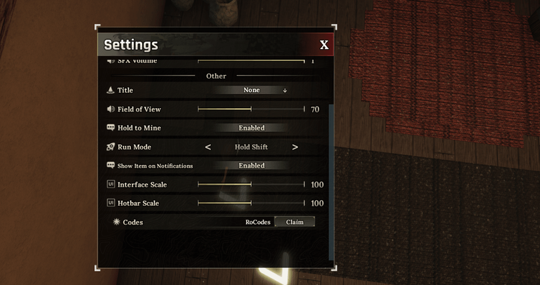 Roblox The Forge Settings Menu for Entering Codes