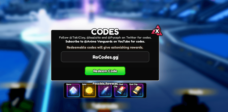 Roblox Anime Vanguards code entry screen